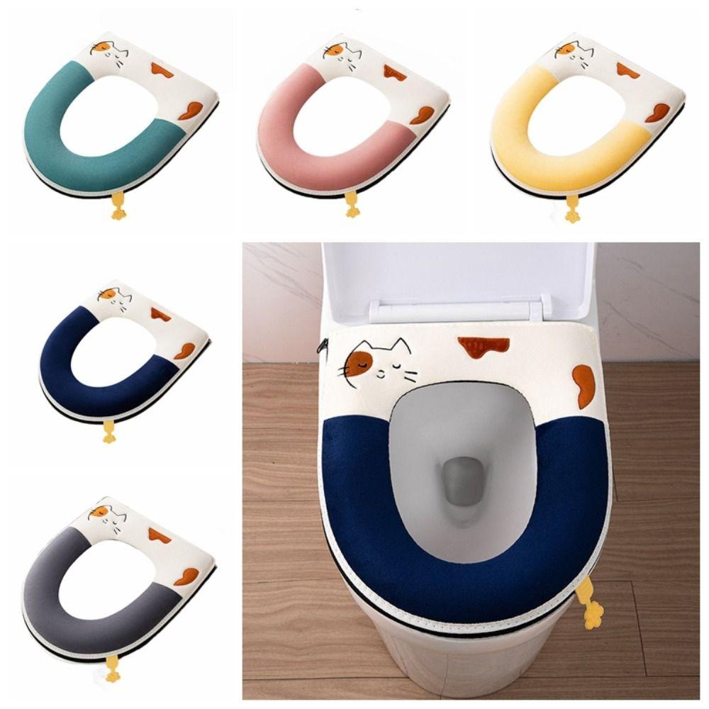 Handle Toilet Seat Cushion With Zipper Closestool Mat Reusable Plush Toilet Seat Cover  Lavatory