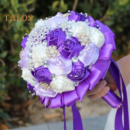 Wedding Bouquet for Bride Satin Artificial Flower Bridal Bouquet with Rhinestones Faux Pearls Bridesmaid Flower Bunch with Handle for Wedding