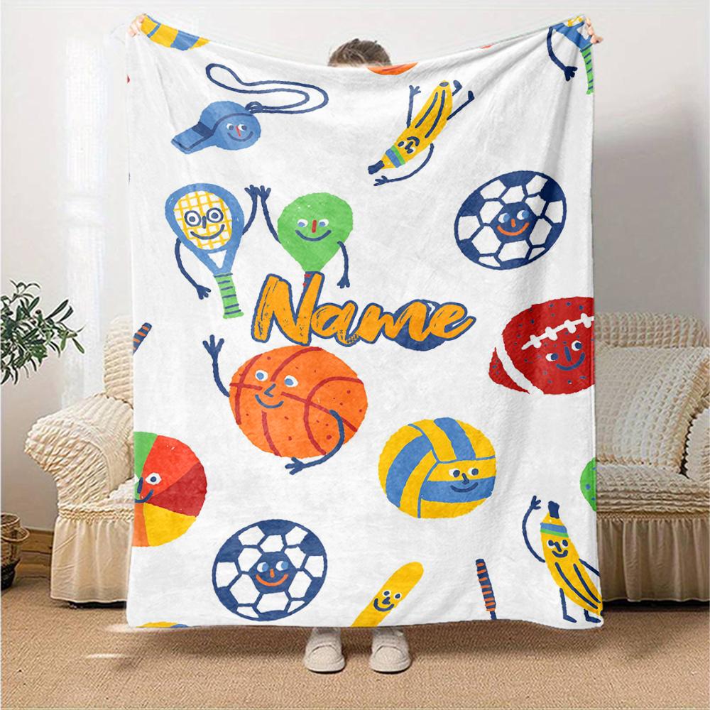 Custom Name Ball Sports Theme Printed Blanket - Perfect for Couch, Bed, Travel & Outdoor Use | Machine Washable, Cozy & Durable.