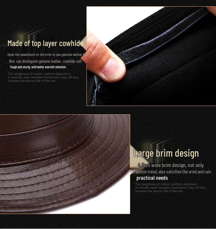 Herren Fedora Hut aus echtem Rindsleder, Herbst/Winter, Britischer Gentleman-Stil für mittlere und ältere Jahre