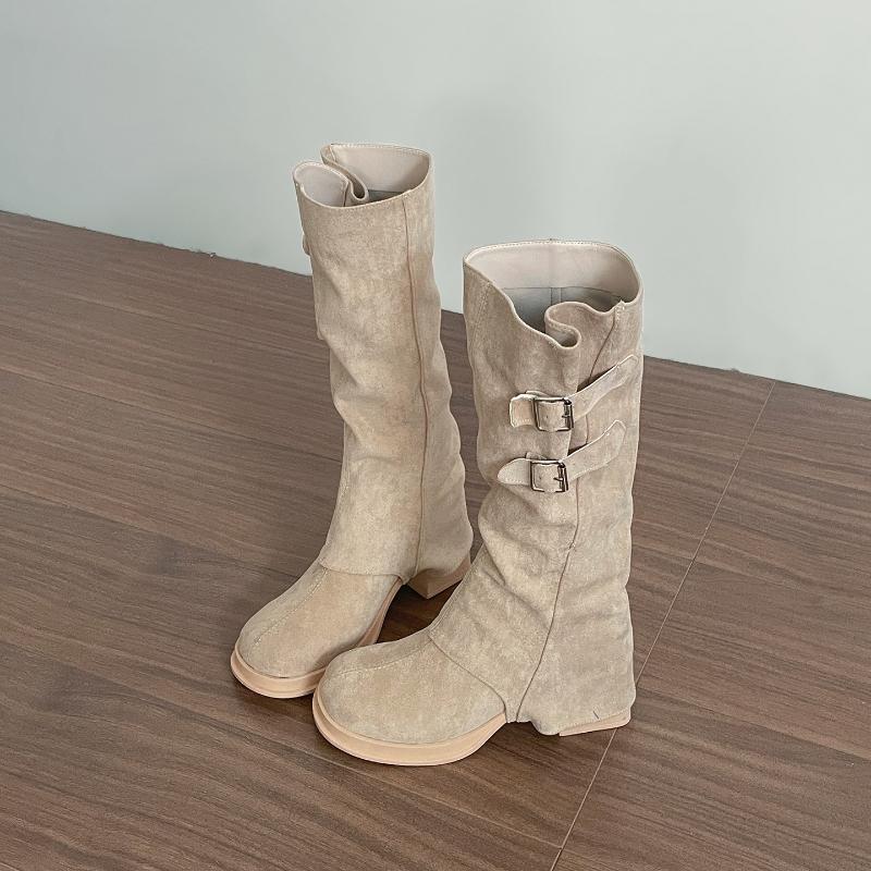 Fashion Vintage Women Western Cowboy Boots Removable Belt Buckle Autumn Winter Shoes Thick Heel Ladies Elegant Long Booties