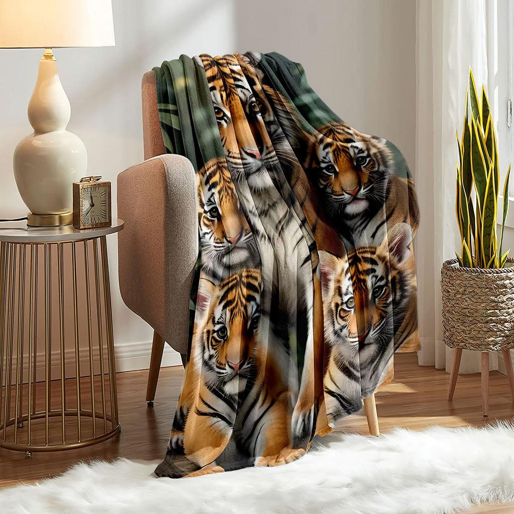 Forest Tiger Camping Print Throw Blanket - Cute Cartoon Animal Motif Soft Lightweight Accent for Sofa Bed Travel Office