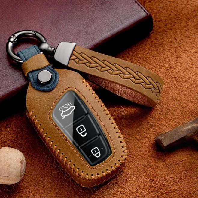 Leather Car Key Case Cover Holder Fob For Hyundai Grandeur HG Sedan Santa Fe 3DM Grand SantaFe 2018 IX45 EQUUS Azera Genesis G80