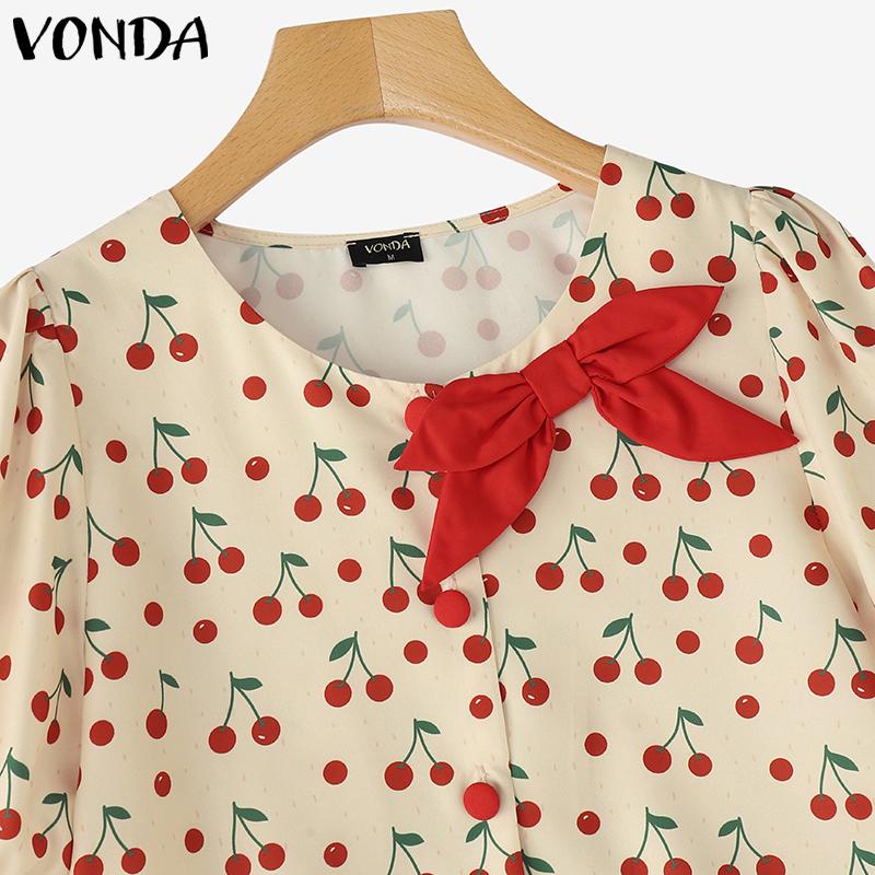 VONDA Women Summer Short Sleeve Bow Knot Printing Casual Ruffled Cropped Blouse
