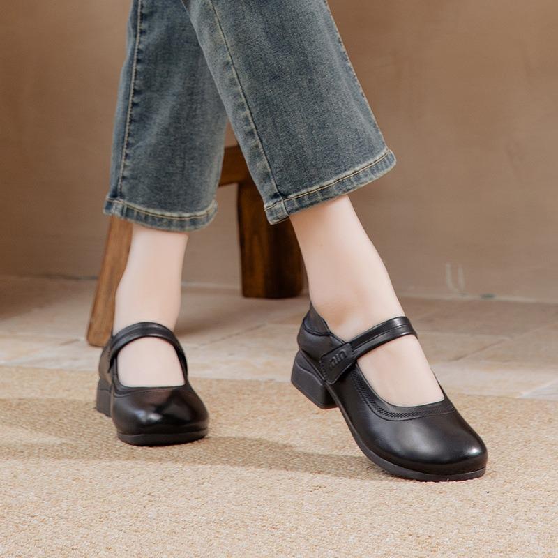 Cowhide Mother Shoes Spring and Autumn Soft Sole Non-slip Shallow Mouth Single Shoes Medium and Old Casual Retro Thick Heel Velcro Leather Shoes Women