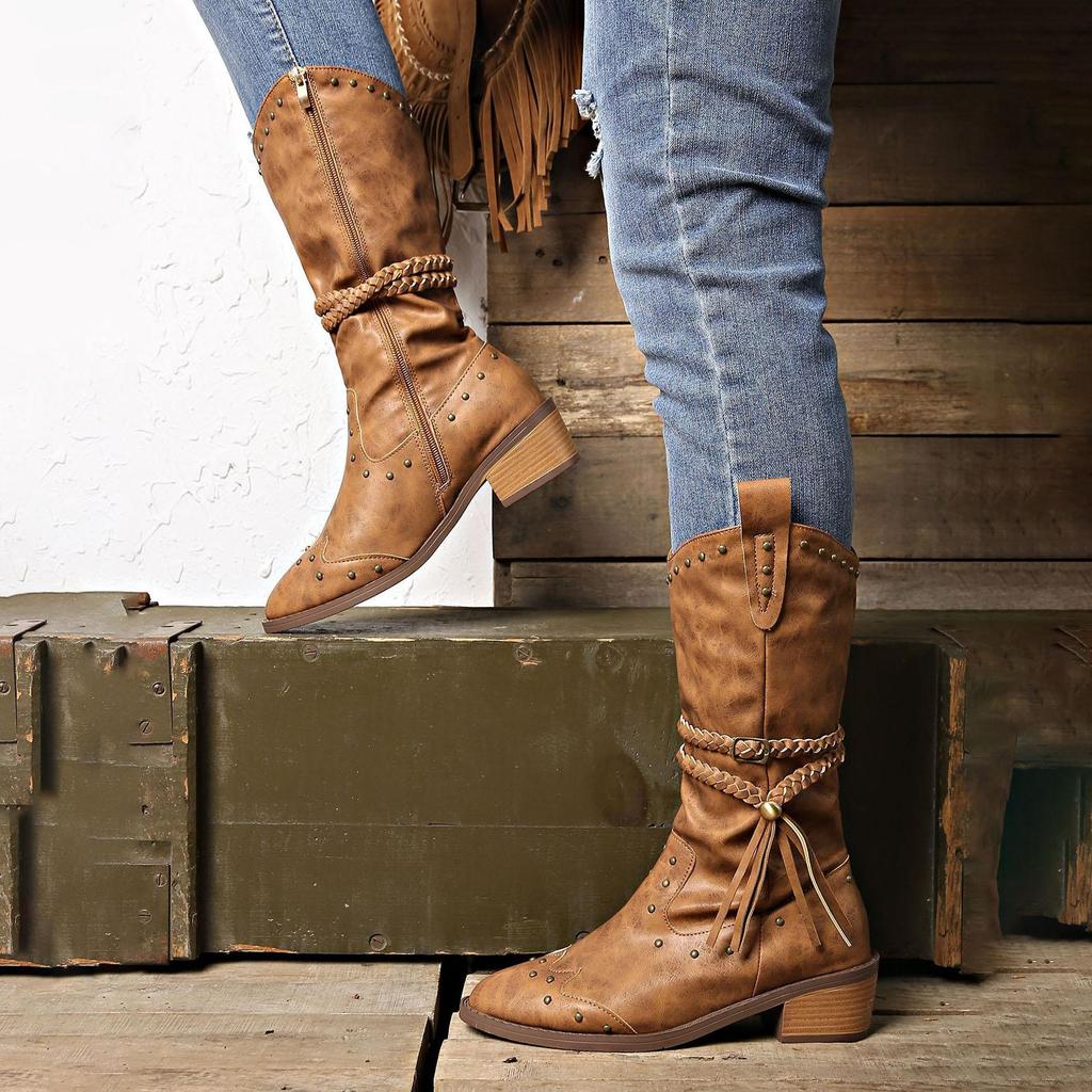 Herbst Winter Übergröße Damen PU Nieten Gürtelschnalle Martin Stiefel Bequem Warm Scharf Spitz Quaste Mid-Calf Stiefel Schuhe 36-42