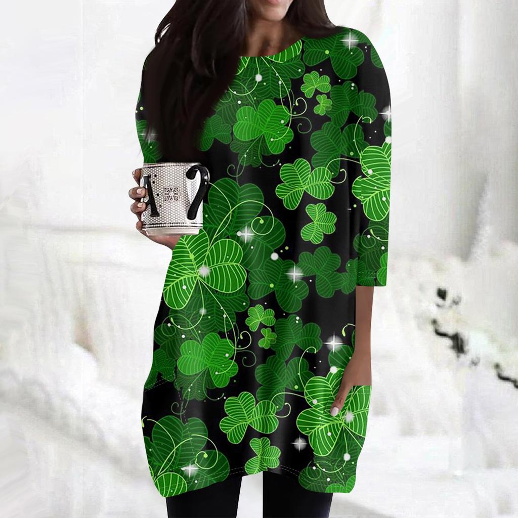 Women's  Casual 3/4 Sleeve Shirts Fashion St Patrick's Print Tunic Tops With Pockets