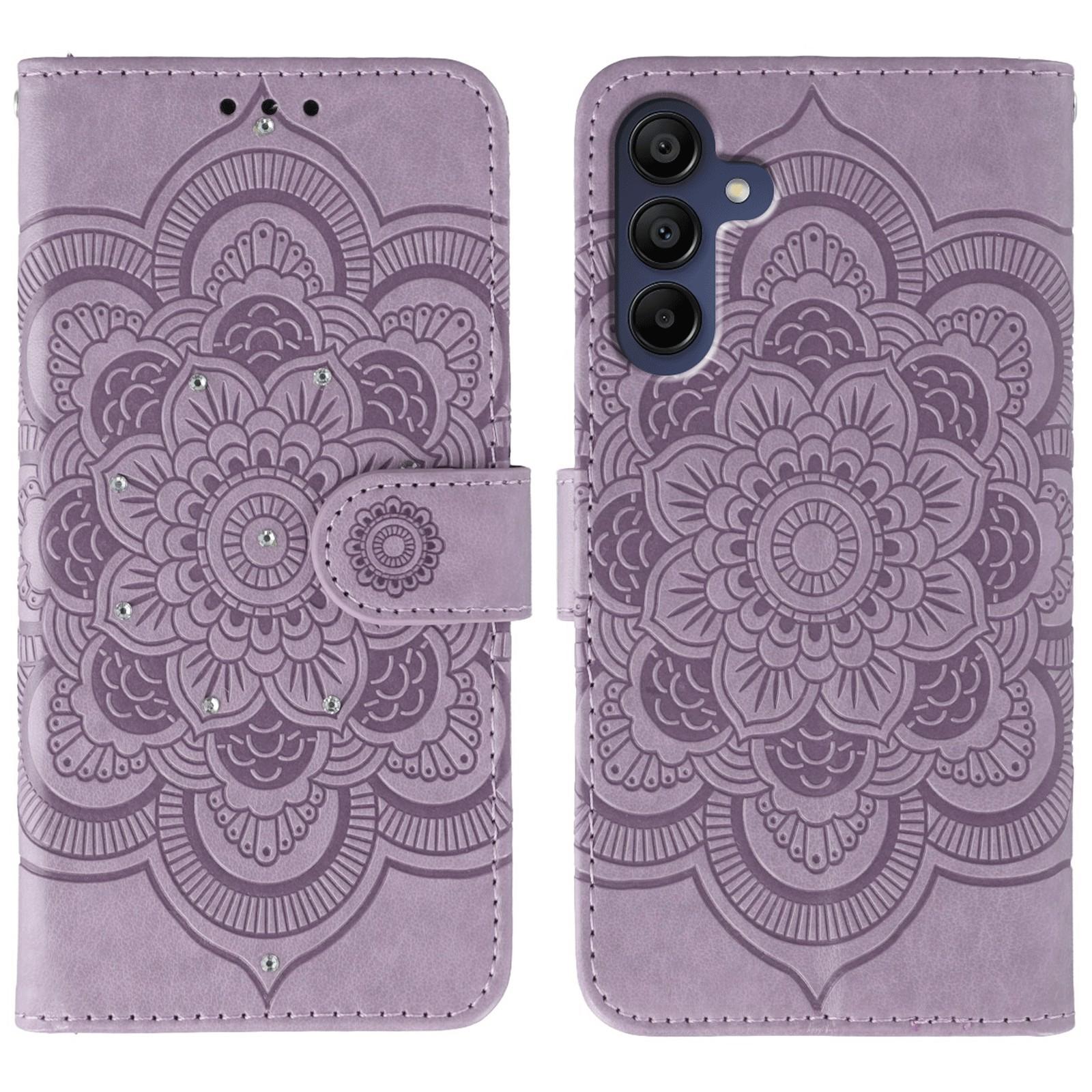 

For Samsung Galaxy S25 FE Case Rhinestone Decor PU Leather Mandala Imprinted Design Phone Cover with Wrist Strap Purple