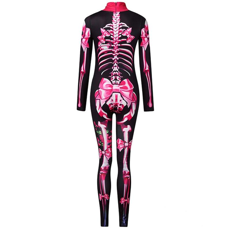 Women Halloween Party Costume Turtleneck Skull Print Long Sleeve Jumpsuit Outfit Scary Skeleton Bodysuit for Adults