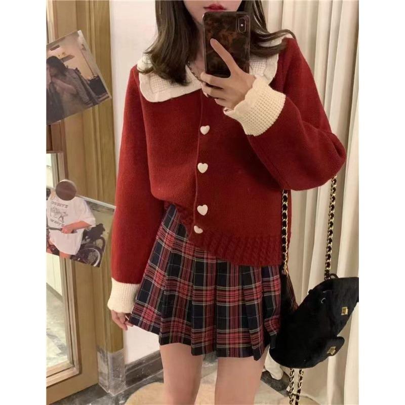 Autumn contrasting knitted cardigan women's sweet lace loose and thin top jacket women's clothing