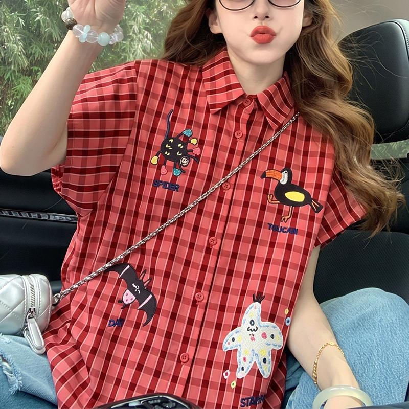 ZANZEA Women Casual Turn Down Collar Short Sleeve Loose Plaid Print Blouse
