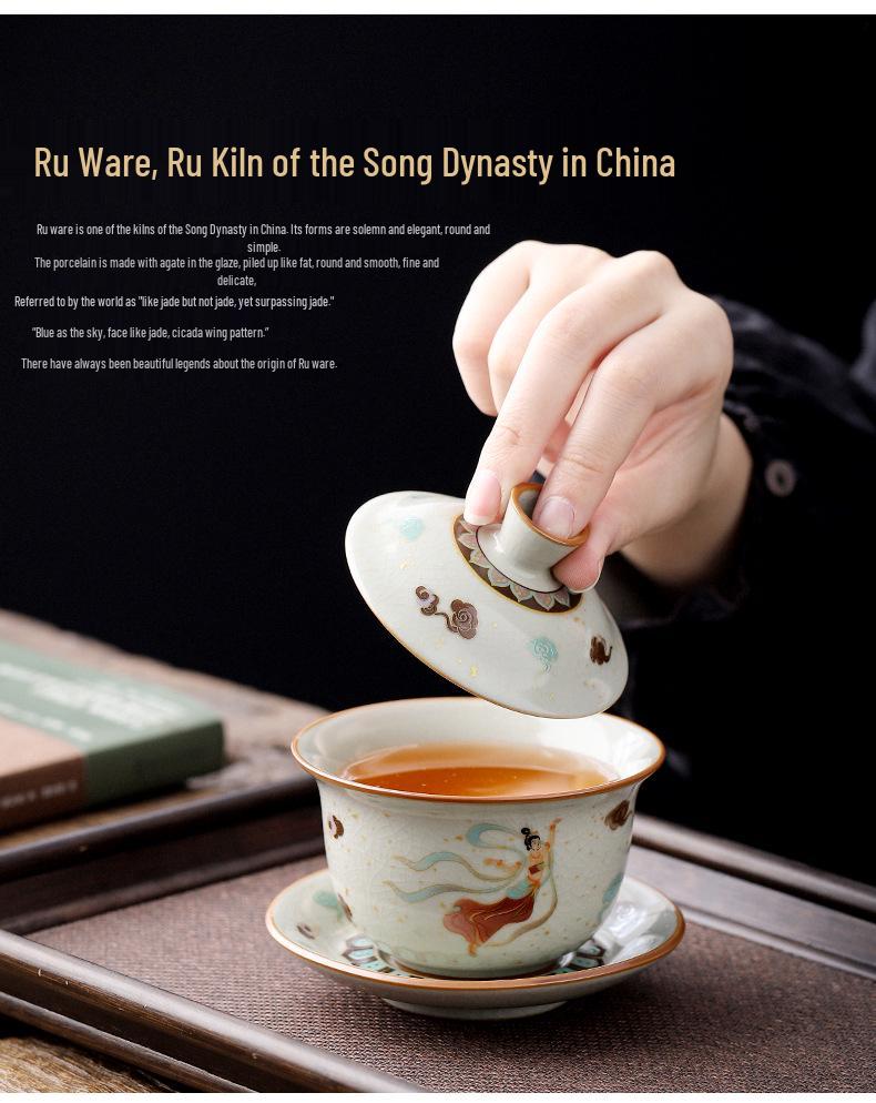 Dunhuang Ru Kiln Crackle Pattern Tea Bowl with Lid - High-End Kung Fu Tea Set, Large Brewer.