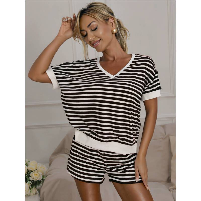 Womens Striped Knit Sweatshirt And High Waist Shorts Set With Patching For Casual Summer Wear