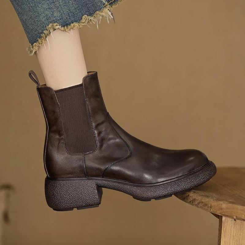 New Women's Versatile Leather Knight Boots Sleeve Solid Color Cowhide Versatile Women's Boots Square Heel Round Head Medium Boots Women's
