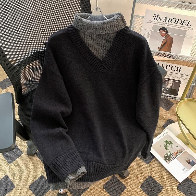 Men's Korean-Style High-Collar Knitwear: Loose Solid Color, Elegant Two-Piece Look, Versatile Winter Pullover