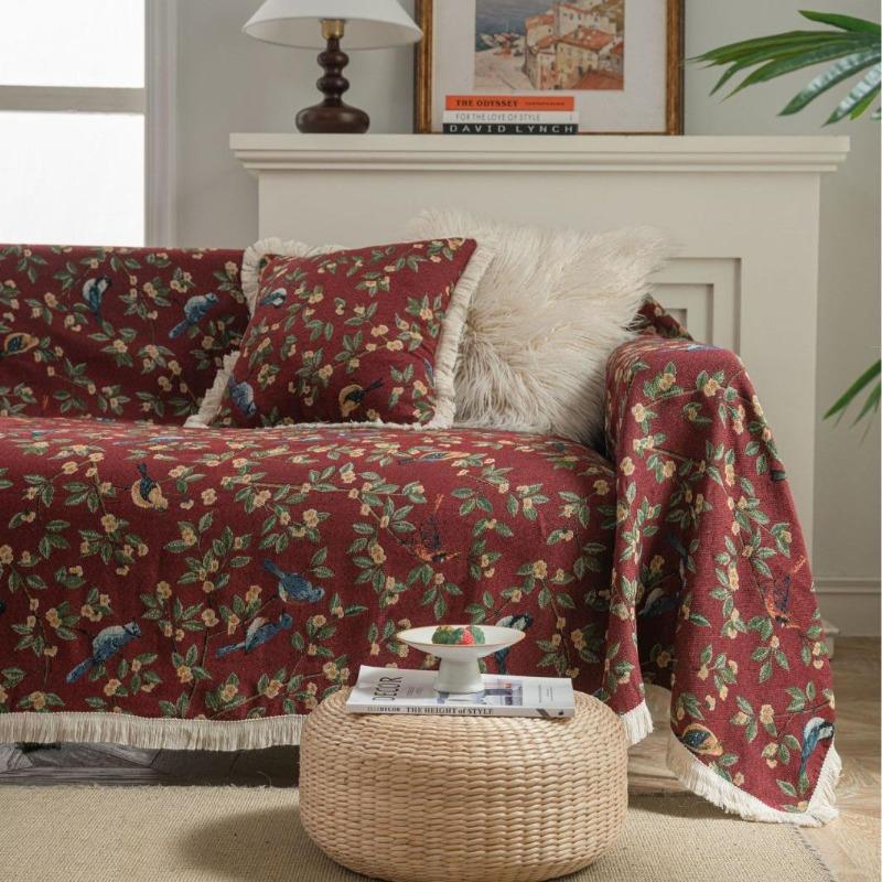 Exquisite sofa towel anti-cat scratch jacquard flower bird green retro festive festival thick sofa blanket
