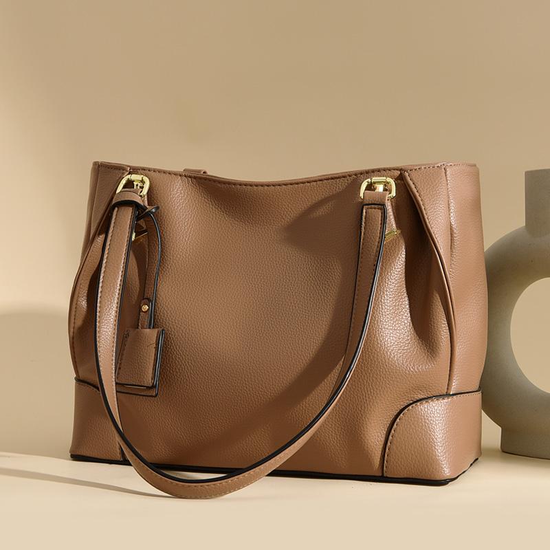 Women's soft leather shoulder bag with multiple pockets large capacity monochromatic casual crossbody shoulder bag