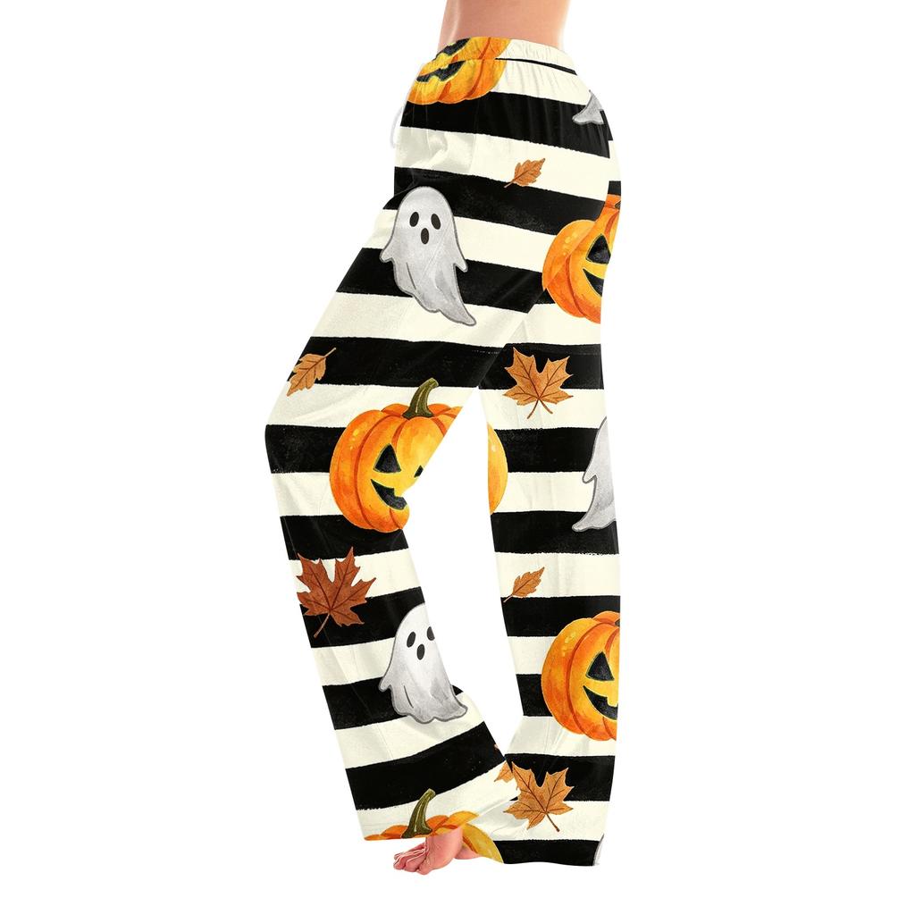 Women's Halloween Print Elastic Waist Drawstring Pajama Pants for Casual and Sleepwear
