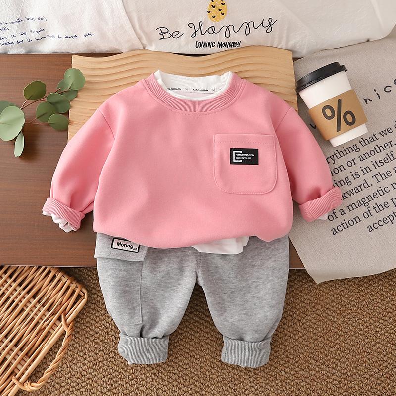 

Комплект из двух предметов: толстовка для мальчиков - Детская осенне-зимняя розовая толстовка с круглым вырезом + серые повседневные брюки - 6 месяцев - 6 лет 3XL розовый