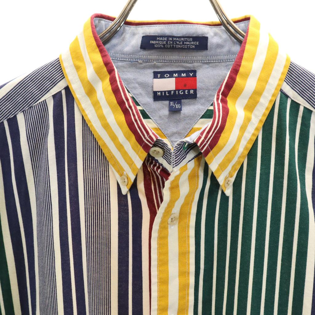 Tommy Hilfiger 90s Old Flag Tag Striped Pattern Short Sleeve Cotton Shirt Men's Used