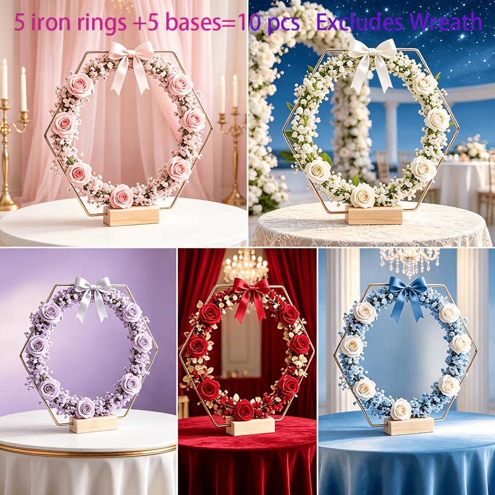 Bohemian-Style Hexagonal Golden Metal Flower Stand with a Natural Solid Wood Base, Suitable for Wedding Table Decor, Bridal Shower Decorations