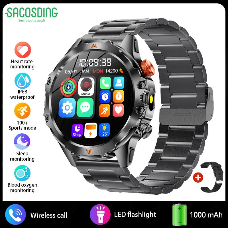 SACOSDING Men Smart Watch Compass LED Flashlight BT Call Heart Rate Sleep Health Monitoring Outdoor Sports Fitness Smartwatch