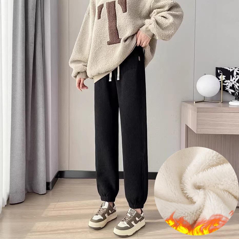 Fleece-Lined Lambswool Cuffed Sports Pants - 2026 Autumn/Winter Warm Windproof Slim Fit Cotton Pants