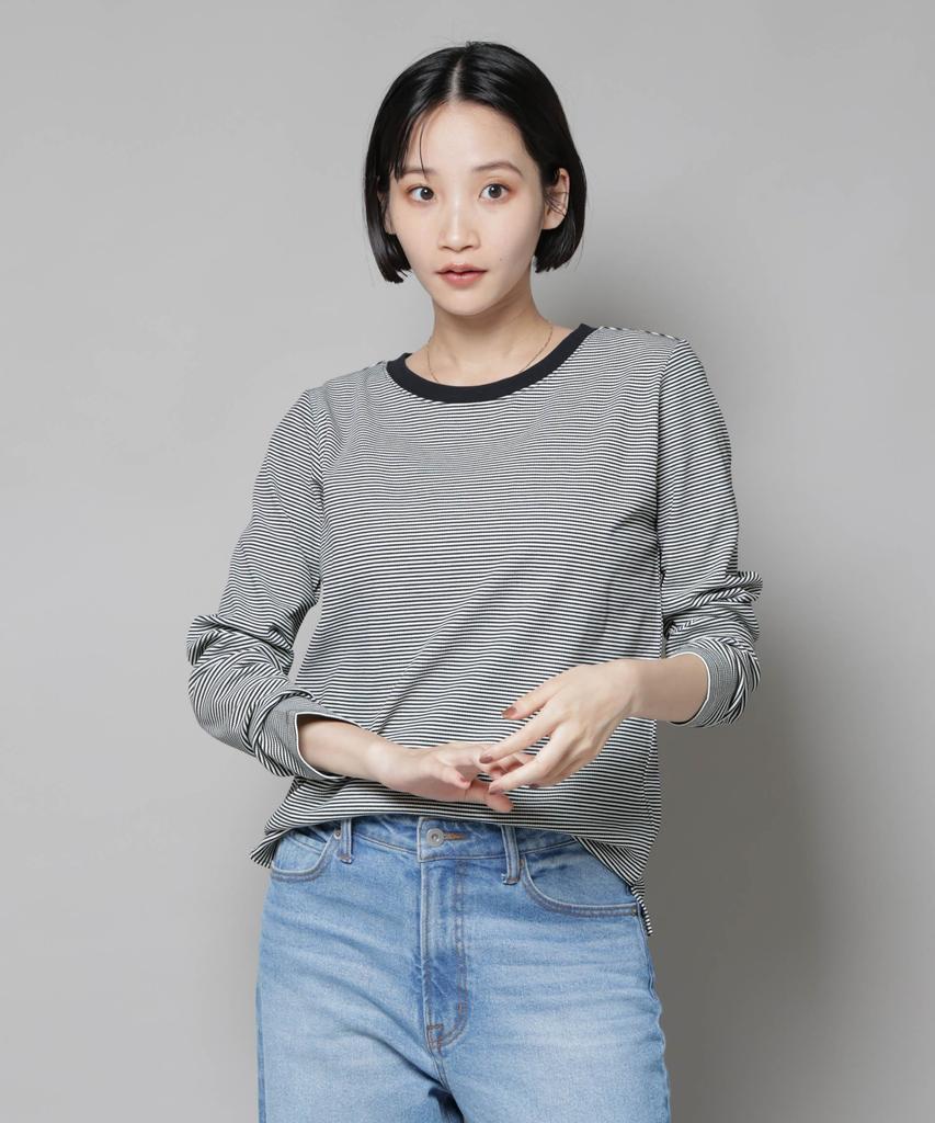 Nano Universe Women's Midi Border Long Sleeve T-Shirt, Black, Size F 010, 673-5223303