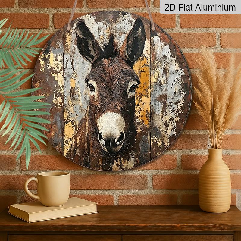 2D Flat, 1pc Round Aluminum Donkey Portrait Vintage Metal Sign, Retro Farm Animal Art Print with Distressed Rustic Finish - Vintage Wooden Background