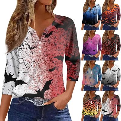 Damski Modny Casualowy T-Shirt z Dekoltem V i Rękawem 7/8, Top z Nadrukiem i Guzikami