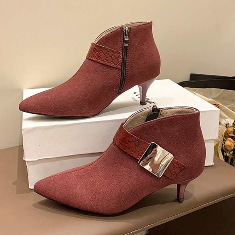

Женские ботильоны из замши с острым носком на среднем каблуке, сексуальная обувь 2025 года, модные туфли-лодочки в готическом стиле, зимние дизайнерские туфли Chelsea Botas De Mujer 41 вино красного