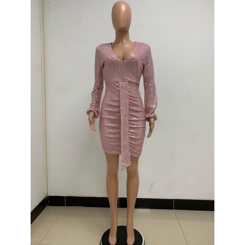 Summer Women's Dress Deep V Pleated Streamer Dress Long Sleeve Sequin Hip Wrap Dress