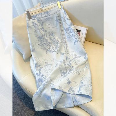 Vintage Chinese Floral Embroidery Satin Pencil Skirt Women Elegant High Waist A Line Midi Autumn