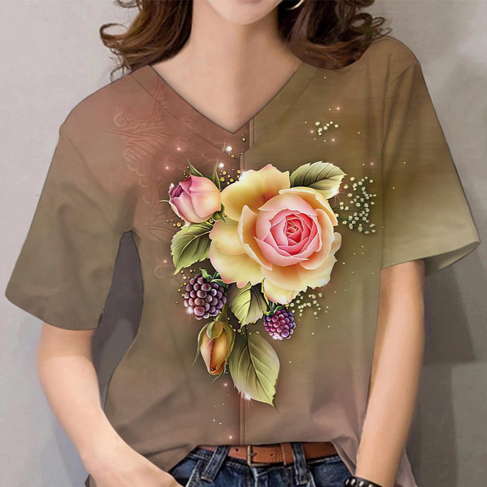 3D Floral Print Women Short Sleeve Tops V Neck Summer Lovers Couples T Shirt