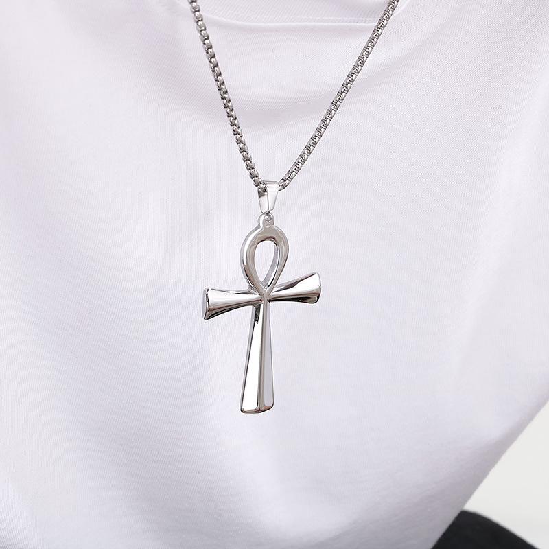 Vintage Anka Cross Necklace, Ancient Egyptian Life Talisman Glossy Titanium Steel Couple Pendant