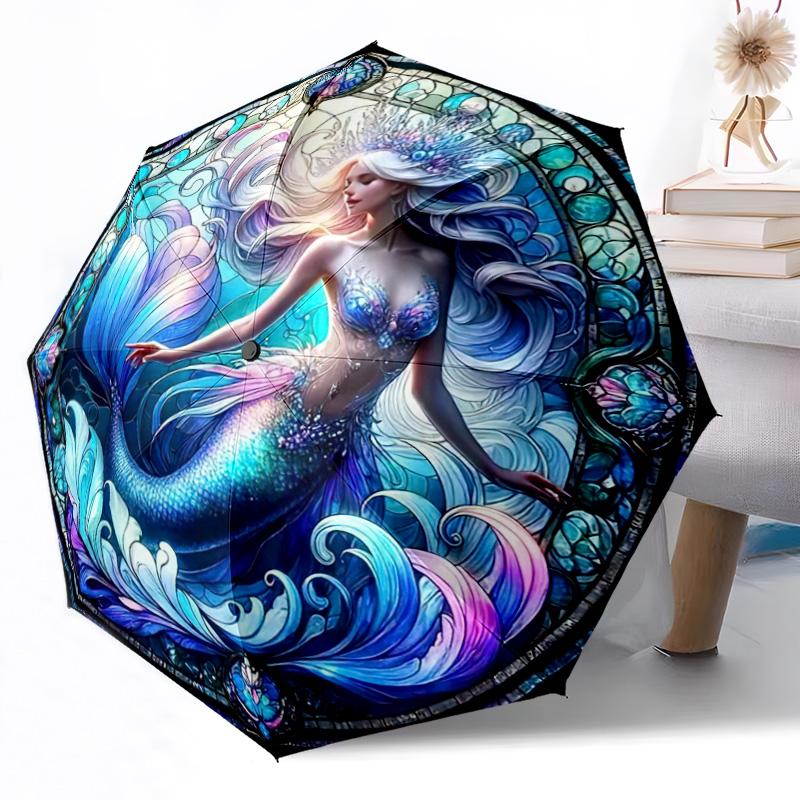 Mermaid Fantasy Stained Glass Outdoor Automatic Umbrella Retractable Design with 8-Rib Durability Lightweight Perfect Gift for Friends Family