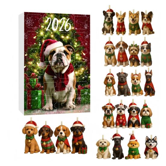 Cute Dog Breed Pendants with Santa Hats Advent Calendar, 2D Acrylic Breeds Ornaments, 24-Days Christmas Unique Collectibles for Fans Countdown