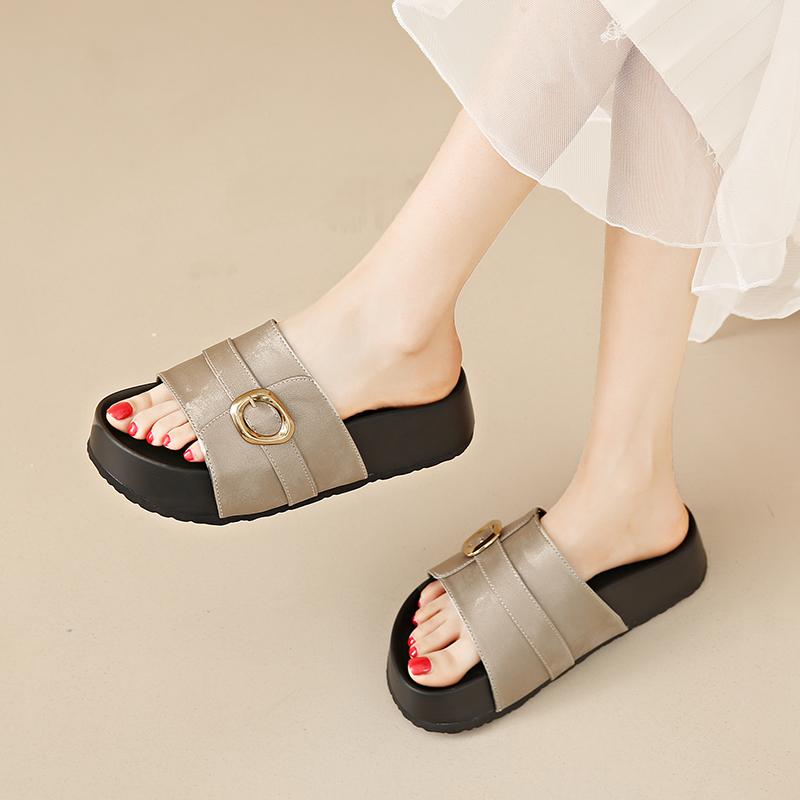 CRLAYDK Leather Sandals for Women Dress Summer Beach Comfortable Footwear Open Toe Platform Casual Thick Sole Soft Slippers