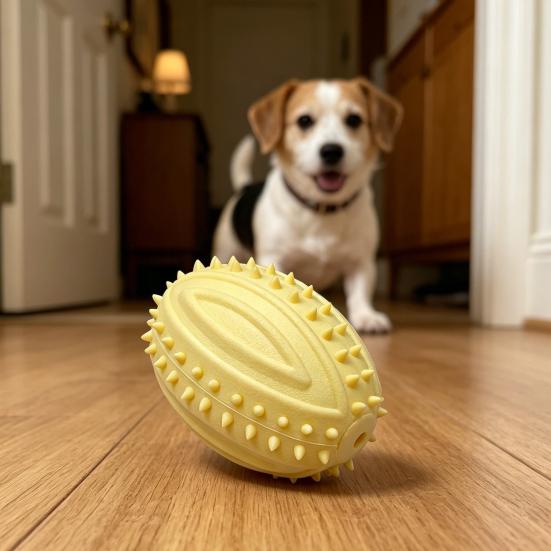 Dog Teething Toys with Spike Teeth Cleaning Ball Toy Bite-Resistant Rugby Ball with Interactive Sound for Small Medium Large Dogs Dental Health and