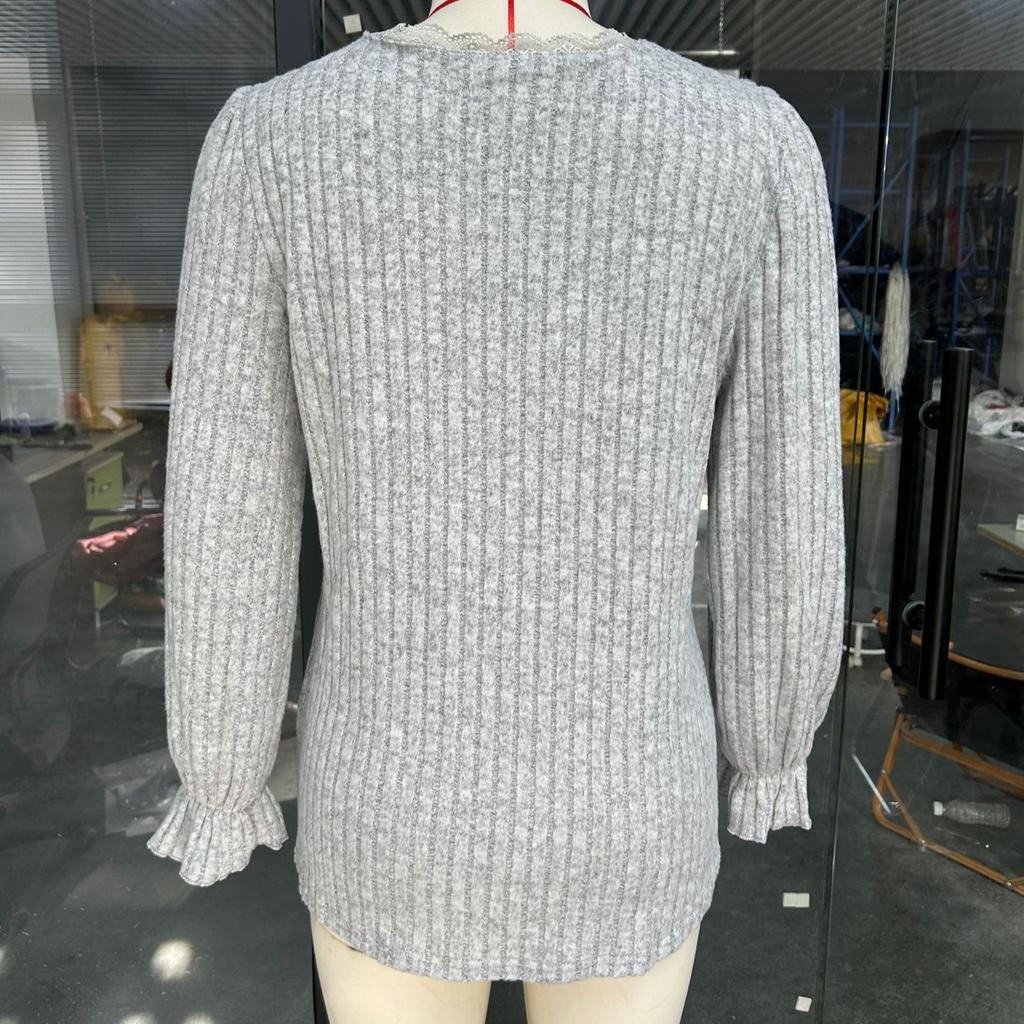 Damenmode Gebürstetes Hemd Einfarbig Lässig V-Ausschnitt Spitze Langarm Basic Oberteil