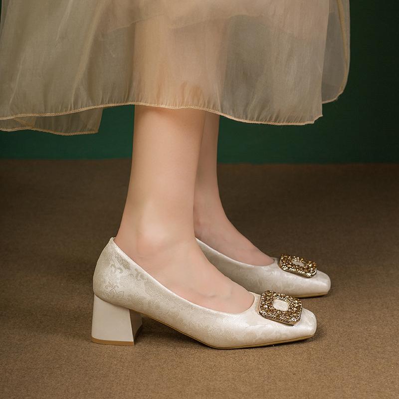 Woman Square Toe Buckle Shoes Rhinestone Retro Fetish Shoes Shallow Mouth 5CM High Heel Female Elegant French Suede Loafers