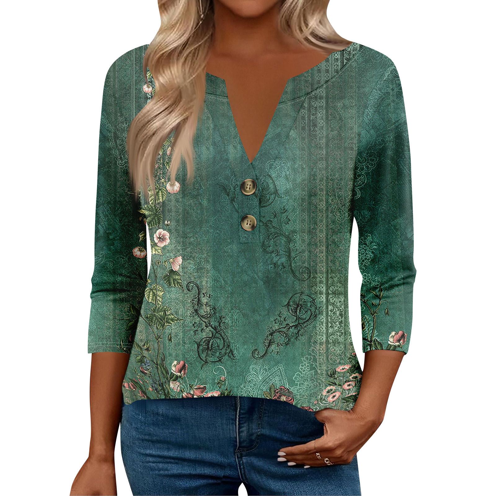 

Женские топы с рукавом 3/4 для женщин, топы хенли на пуговицах с V-образным вырезом, нарядные летние женские топы свободного кроя XXL зелёный