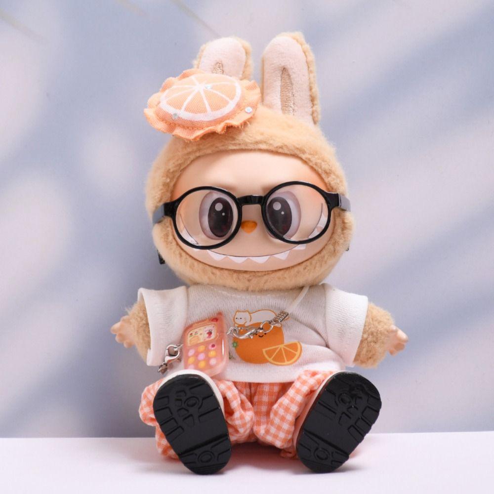 Orange Sitting Labubu Time Cloth Plaid Pants 17cm Plush Dolls Clothes  Kids Girls Toys