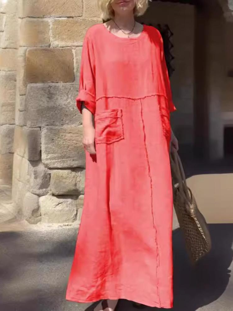

Летнее женское однотонное платье с круглым вырезом, из хлопка и льна, с длинными рукавами, повседневное, плиссированное, с двусторонними карманами 5XL красный