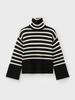 Women's Black & White Striped Turtleneck Sweater – Loose, Warm, Slit Pullover for Spring & Autumn, Trendy Inner Wear.