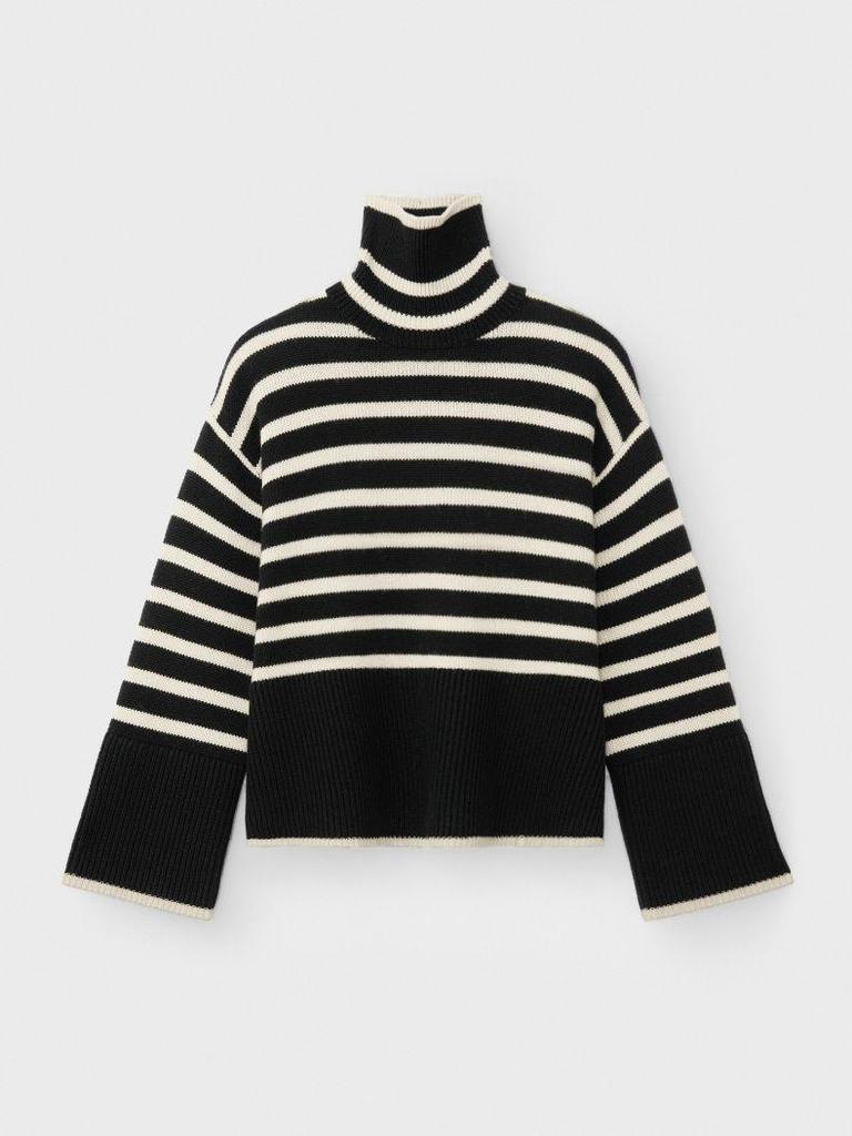 Women's Black & White Striped Turtleneck Sweater – Loose, Warm, Slit Pullover for Spring & Autumn, Trendy Inner Wear.
