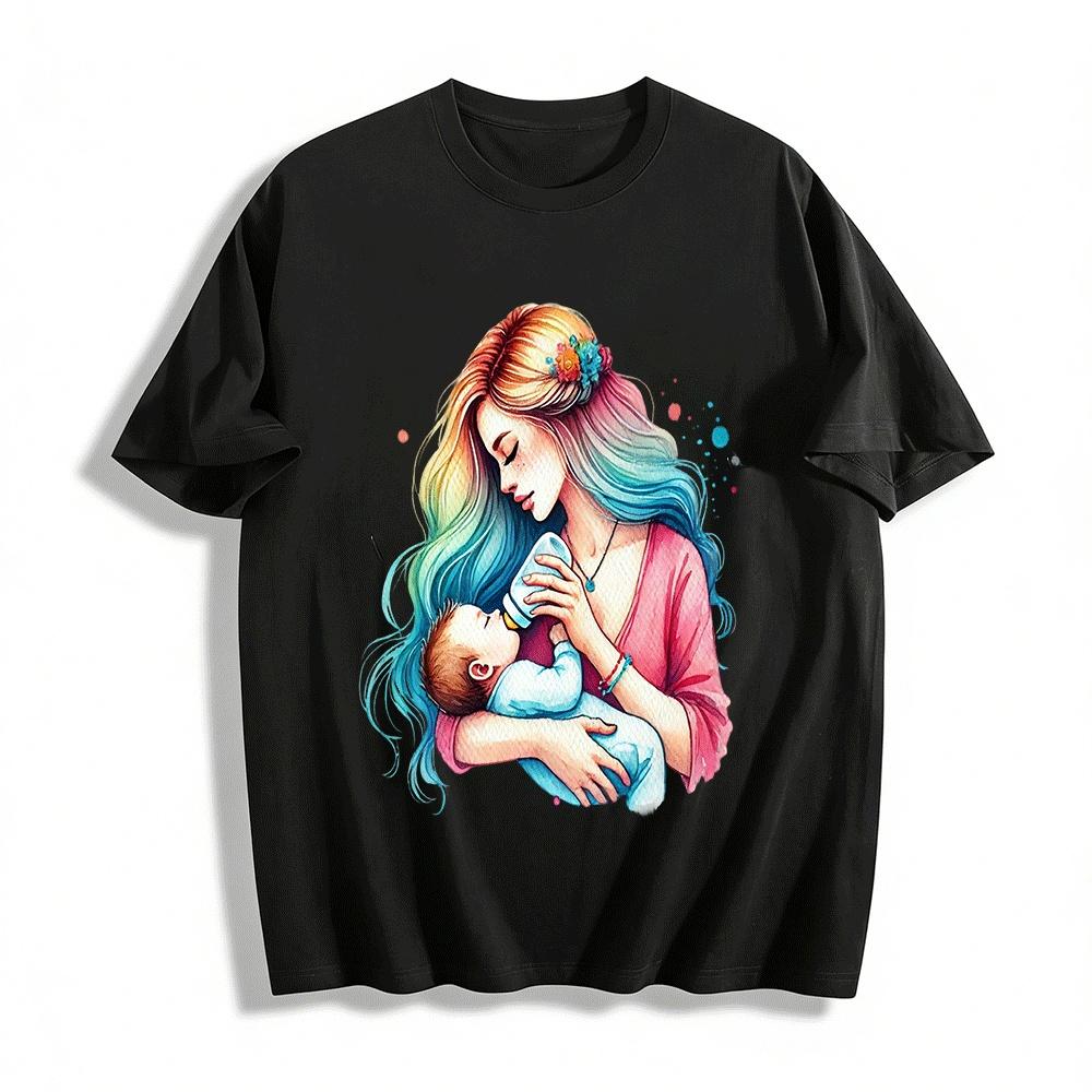 Mother And Baby Loving Print Casual Top For Women Pure cotton T-shirt XXS