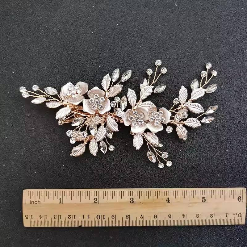 SLBRIDAL Handmade Golden Austrian Crystals Rhinestones Flower Leaf Wedding Hair Clip Barrettes Bridal Headpiece Hair Accessories
