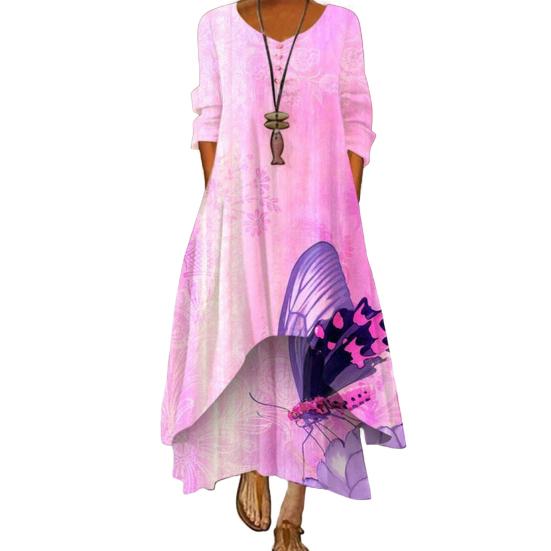 Spring Fall Dress with Pockets Vintage Flower Printing V Neck Irregular Layerd Hem Loose A-line Maxi Dress for Daily Work Party