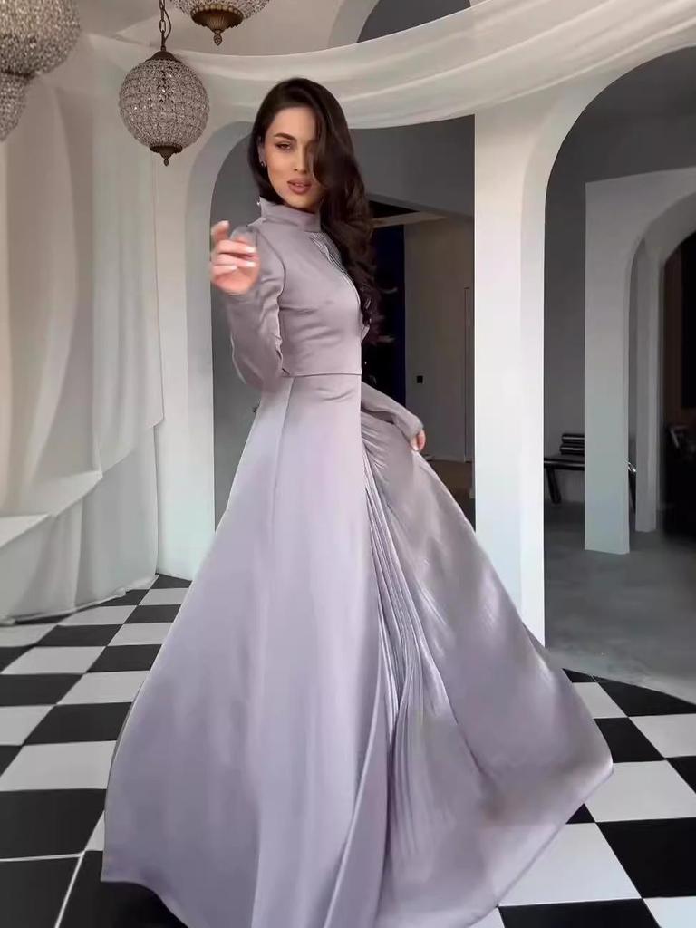 2024 Autumn/Winter Women's European Retro Color Block Slimming Long Sleeve Evening Dress